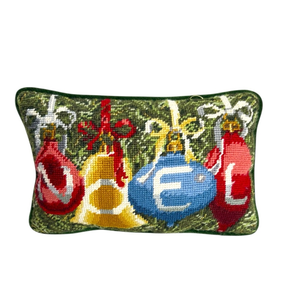 Vintage Needlepoint Christmas Noel Ornament Holiday Pillow Small Velvet Back